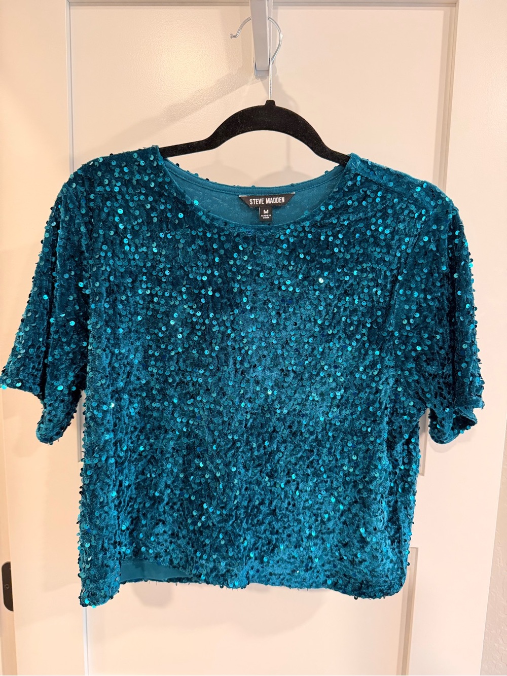 Steve Madden Teal Sequin Boxy Short Sleeve Top